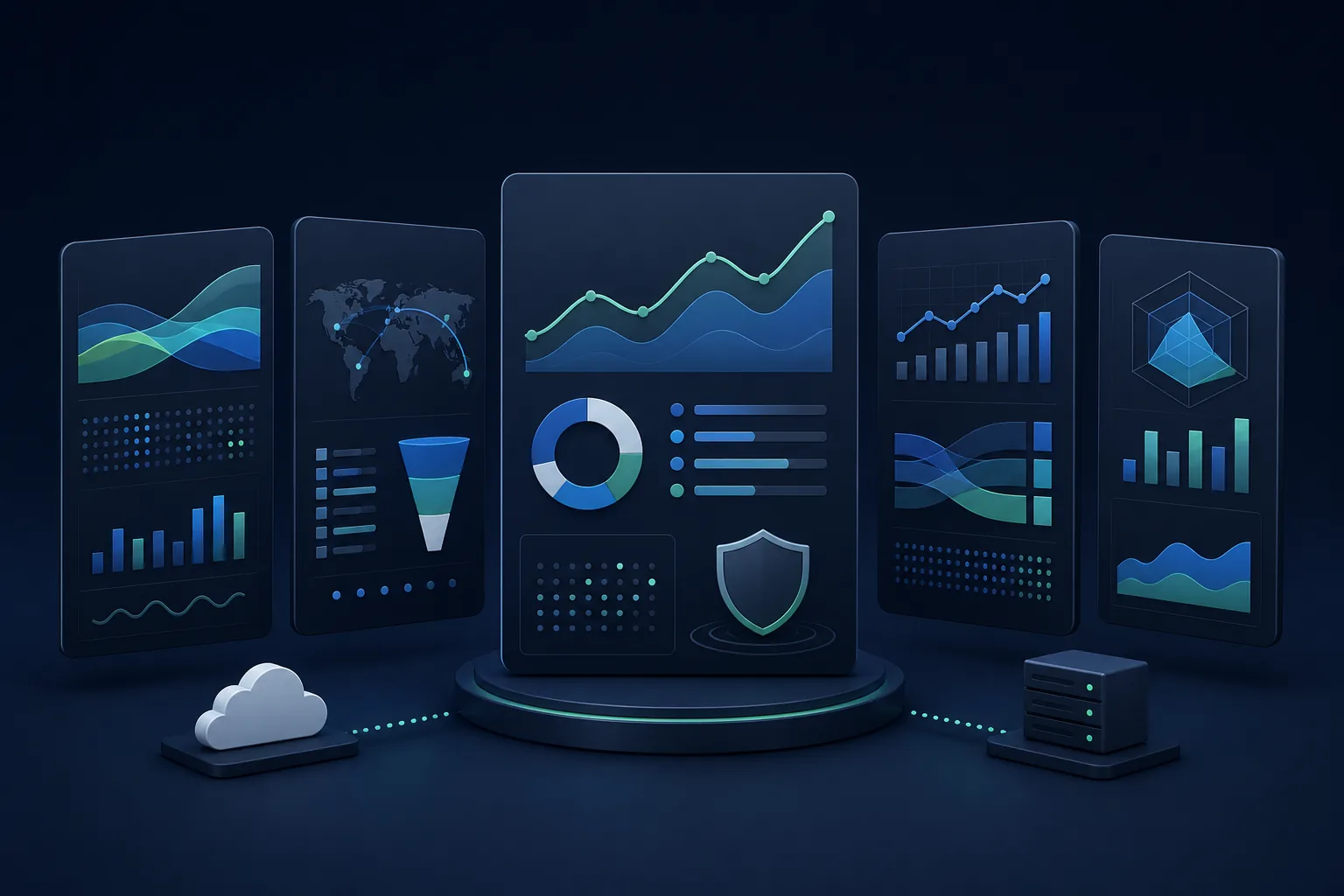 Illustration mit fünf Webanalyse-Dashboards für den Vergleich von HitKeep, GA4, Matomo, Plausible und Umami