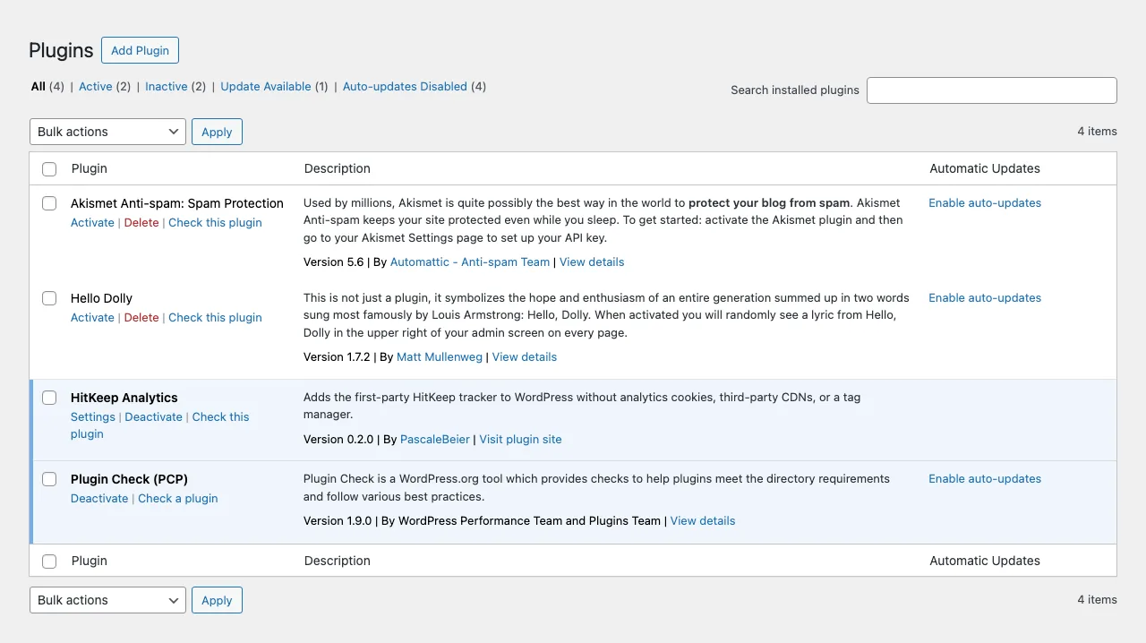 WordPress Plugin-Übersicht mit installiertem und aktivem HitKeep Analytics Plugin