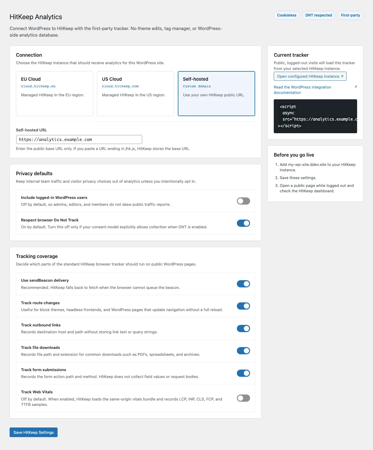 HitKeep WordPress Einstellungen mit Cloud-Auswahl, Datenschutz-Defaults und Tracking-Optionen